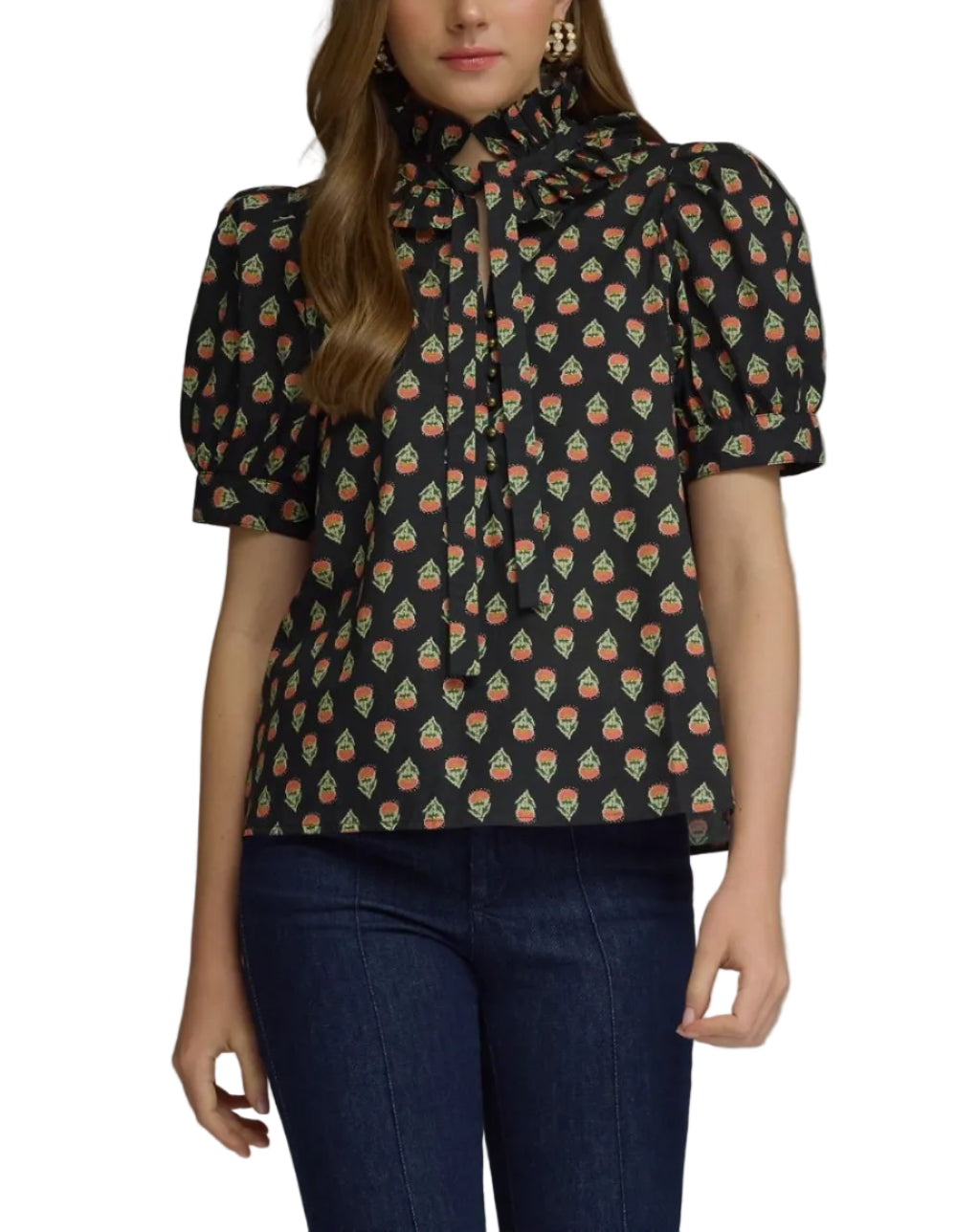 Printed short puff sleeve top featuring ruffled accent neck band with self-tie detail. Button closure at front. Button at cuff. Unlined. Woven. Non-sheer. Lightweight.