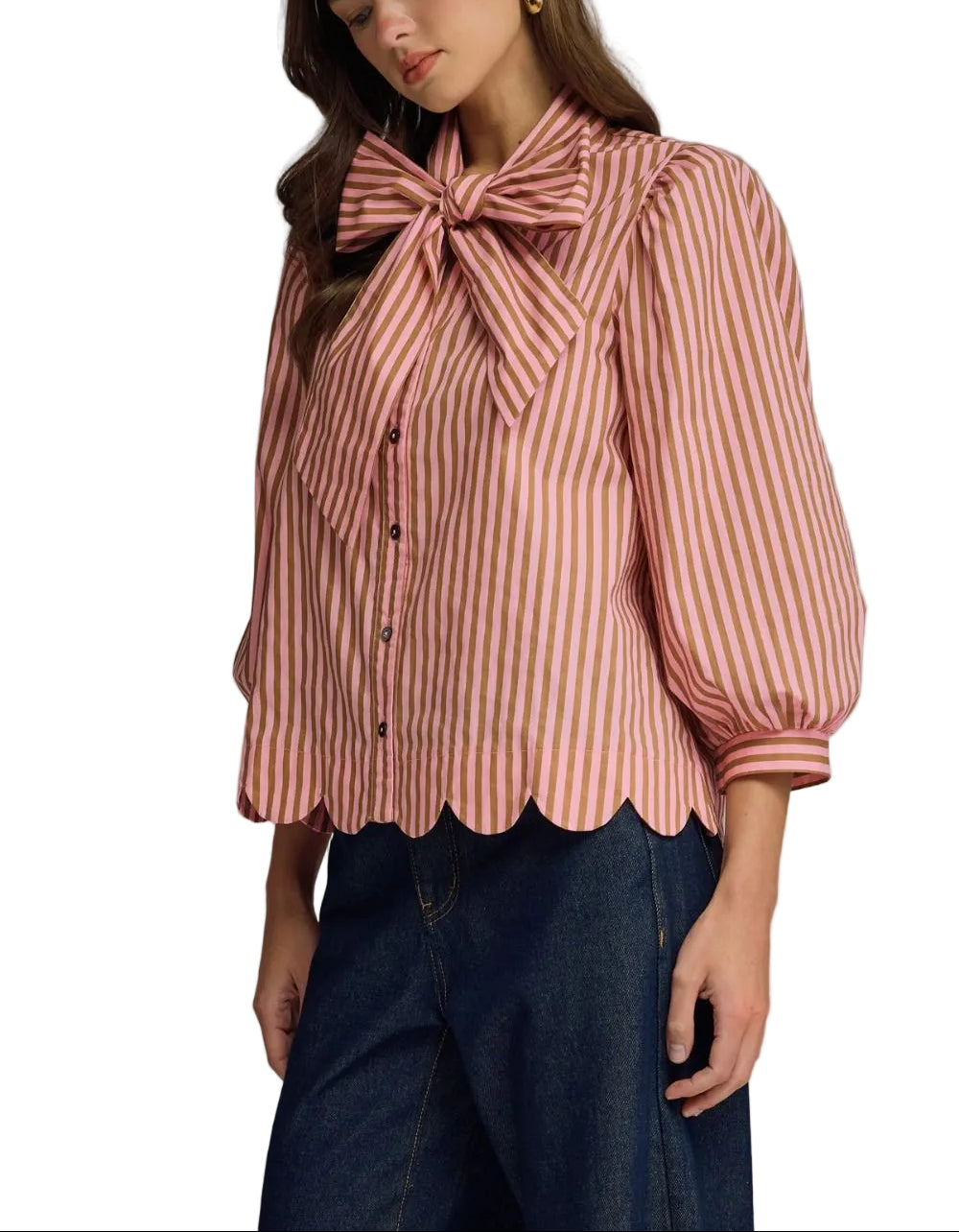 Stripe self-tie neck 3/4 puff sleeve top featuring scallop hem detail. Button closure at front. Buttoned cuffs. Unlined. Woven. Non-sheer. Lightweight.