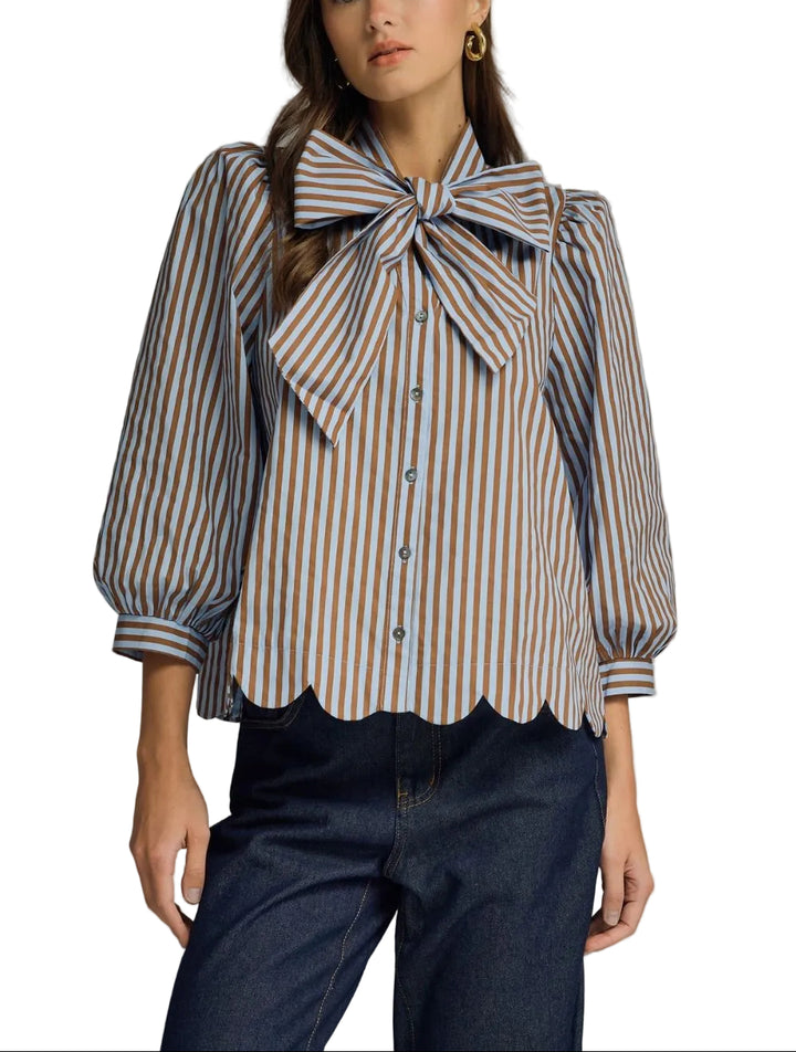 Stripe self-tie neck 3/4 puff sleeve top featuring scallop hem detail. Button closure at front. Buttoned cuffs. Unlined. Woven. Non-sheer. Lightweight.