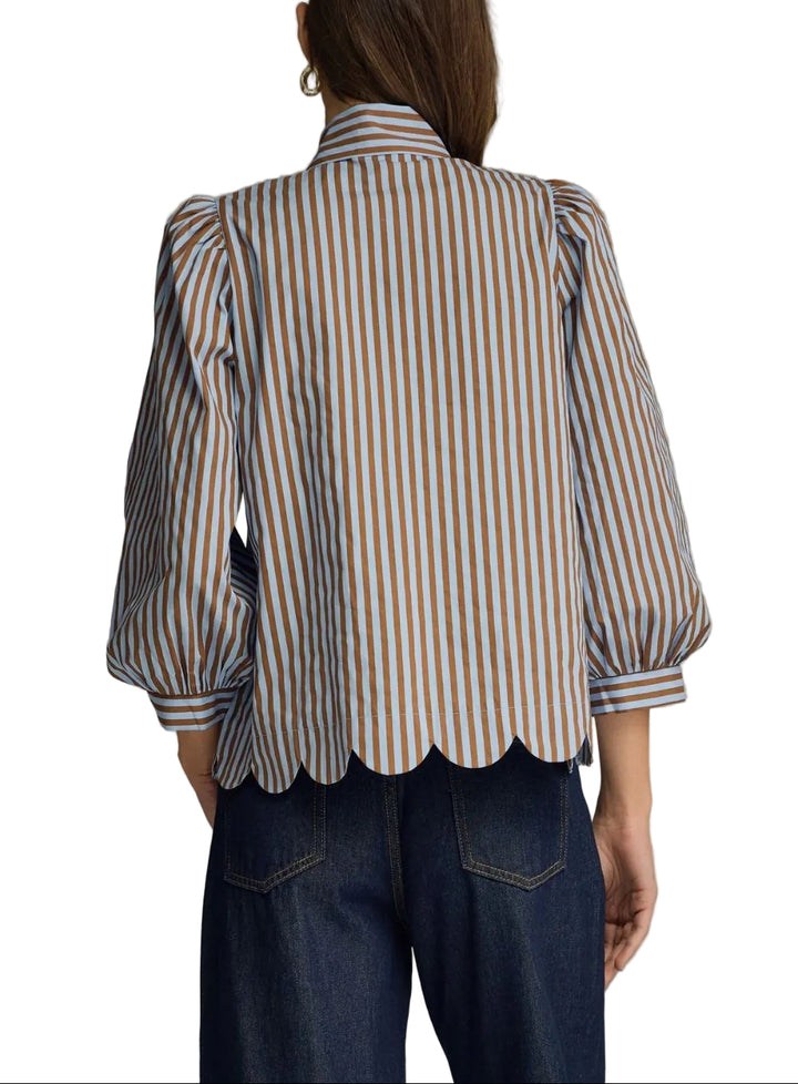 Stripe self-tie neck 3/4 puff sleeve top featuring scallop hem detail. Button closure at front. Buttoned cuffs. Unlined. Woven. Non-sheer. Lightweight.