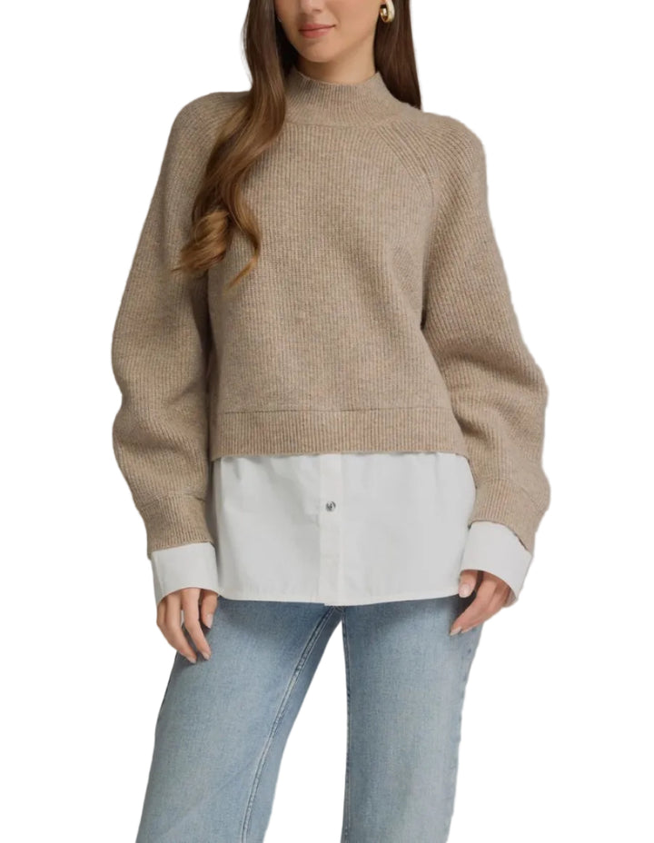 Solid long sleeve sweater top with a mock neck and layered shirt detail. Ribbed cuffs and hem. Unlined. Knit. Non-sheer. Medium weight.
