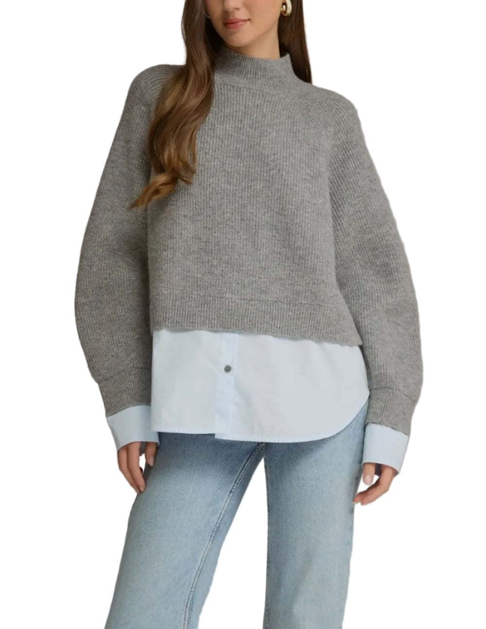 Solid long sleeve sweater top with a mock neck and layered shirt detail. Ribbed cuffs and hem. Unlined. Knit. Non-sheer. Medium weight.

