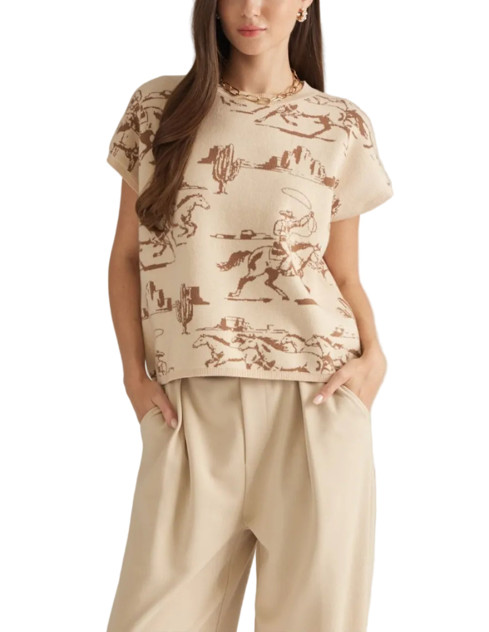 Printed short sleeve sweater top with a round neckline. Ribbed neckline, sleeve cuffs, and hem. Unlined. Knit. Non-sheer. Lightweight.

