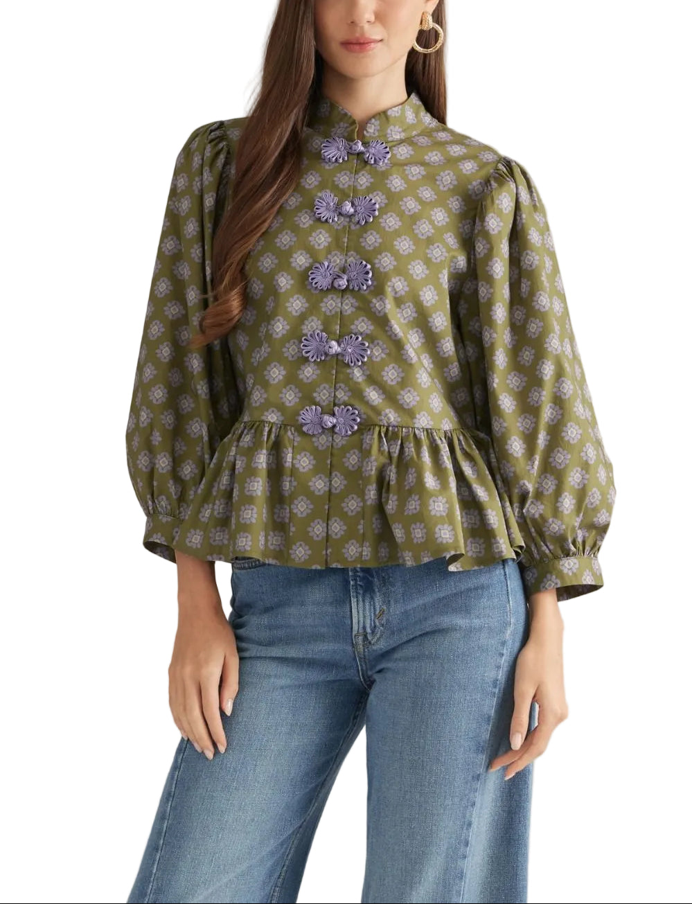 Floral ¾ balloon sleeve top with a stand collar and decorative frog button detail at front. Back zipper. Peplum hem. Lined. Woven. Non-sheer. Lightweight.