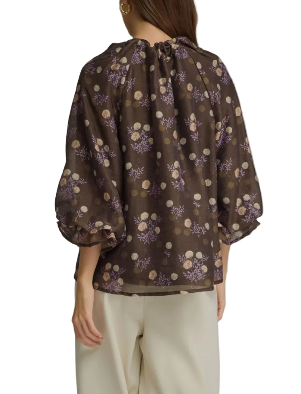 Floral print ¾ poncho sleeve top with a V-neckline and self-tie detail at front. Lined. Woven. Non-sheer. Lightweight.
