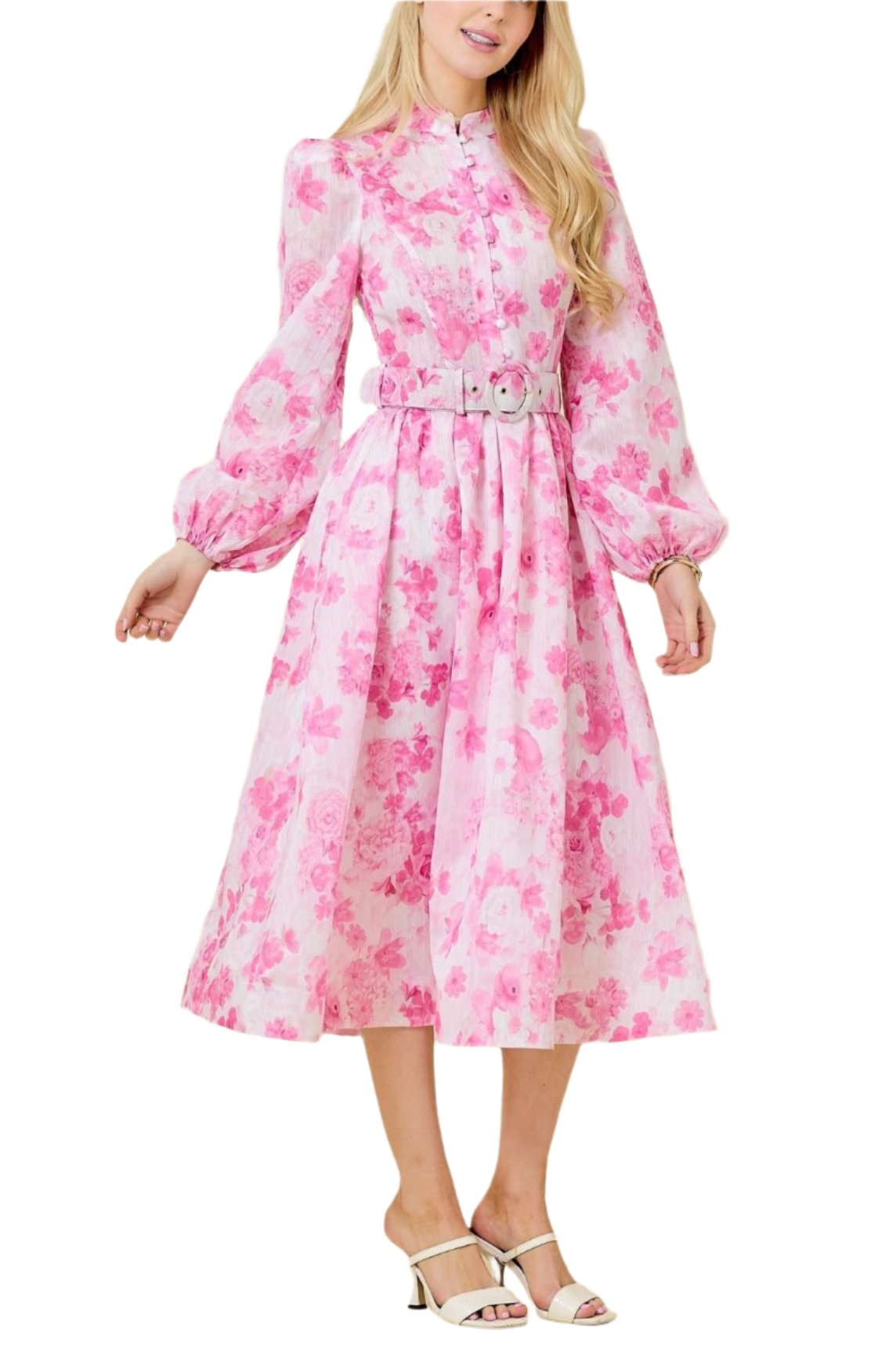 Floral Printed Mock Neck Button Down Midi Puff Sleeve Dress With Matching Belt