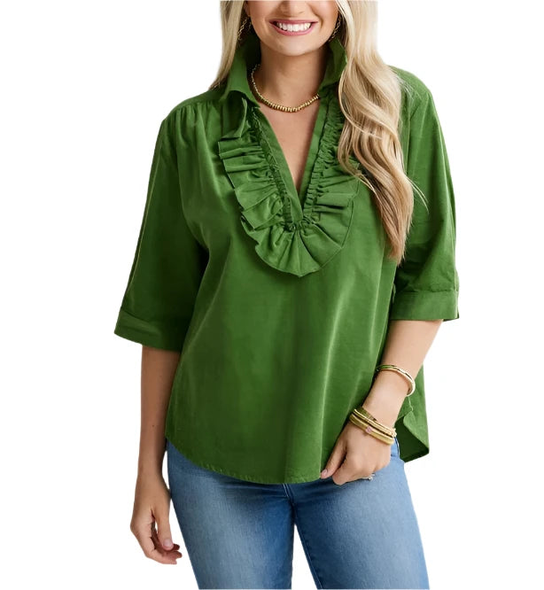 Pop your collar and get ready to make a statement in the Maya Corduroy Top! You'll love the playful ruffle v-neck detail and elbow-length sleeves featuring buttons that can be worn done or un-done.&nbsp;