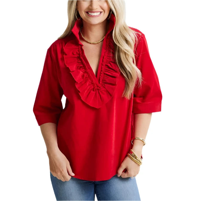 Pop your collar and get ready to make a statement in the Maya Corduroy Top! You'll love the playful ruffle v-neck detail and elbow-length sleeves featuring buttons that can be worn done or un-done.&nbsp;