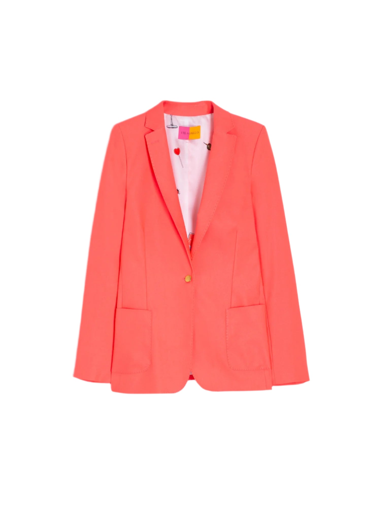 Fluor orange blazer. Front fastening with gold star button. Patch pockets. Stretch fabric and lining. Exclusive Vilagallo printed lining.

Fluorescent orange elastic pants. Side pockets. Elastic fabric. Matching top and jacket available.