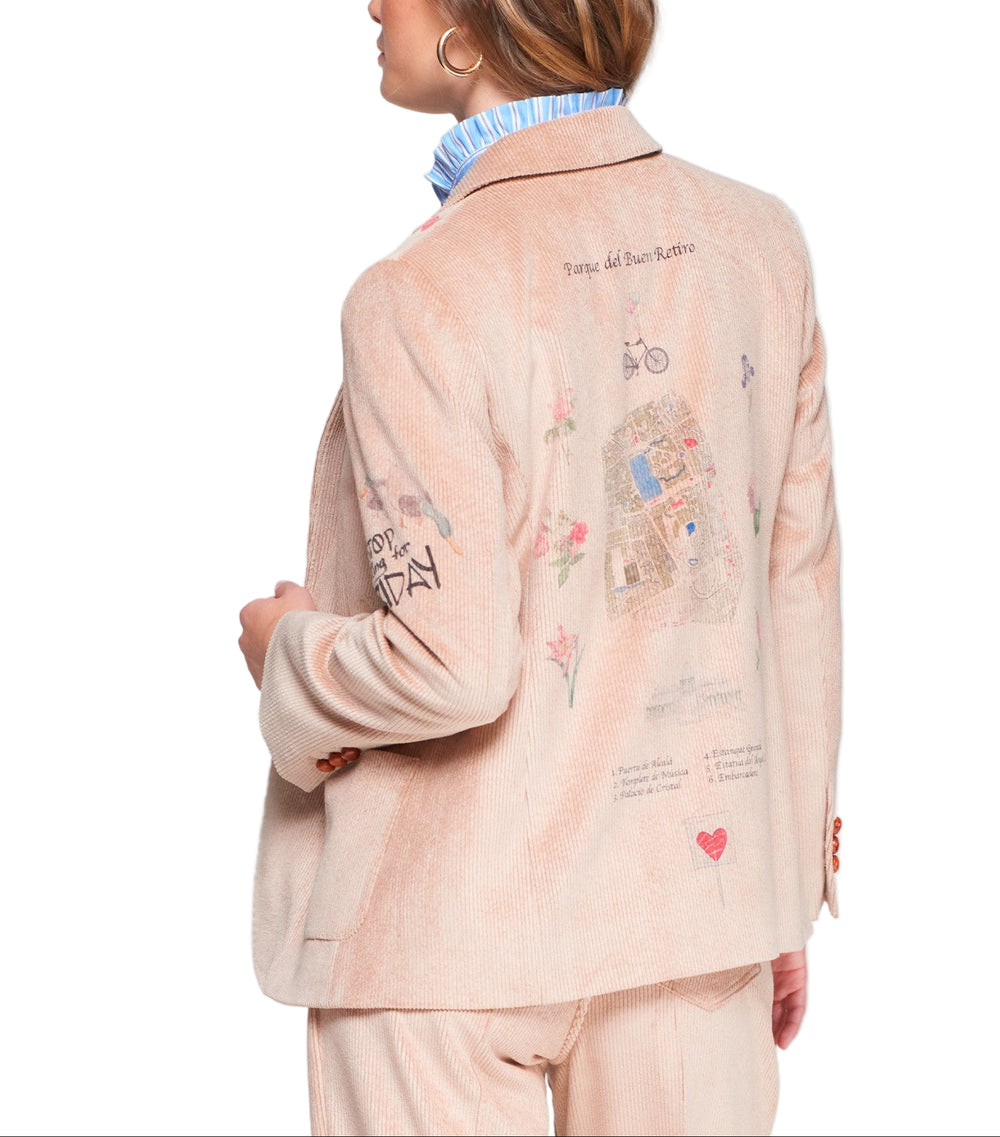 Nude corduroy blazer with all-over print inspired by Madrid’s Retiro Park. Classic fit, lapel collar, front button closure, and side pockets. Slightly stretchy fabric.