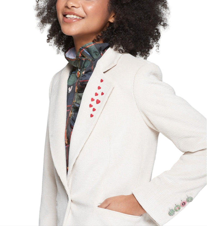 Straight-cut Ecru jacket in soft corduroy fabric. Features multicolored equestrian-style embroidery on the back, and a row of red heart embroideries on the left lapel. One-button front closure and welt pockets. Structured yet lightweight texture.