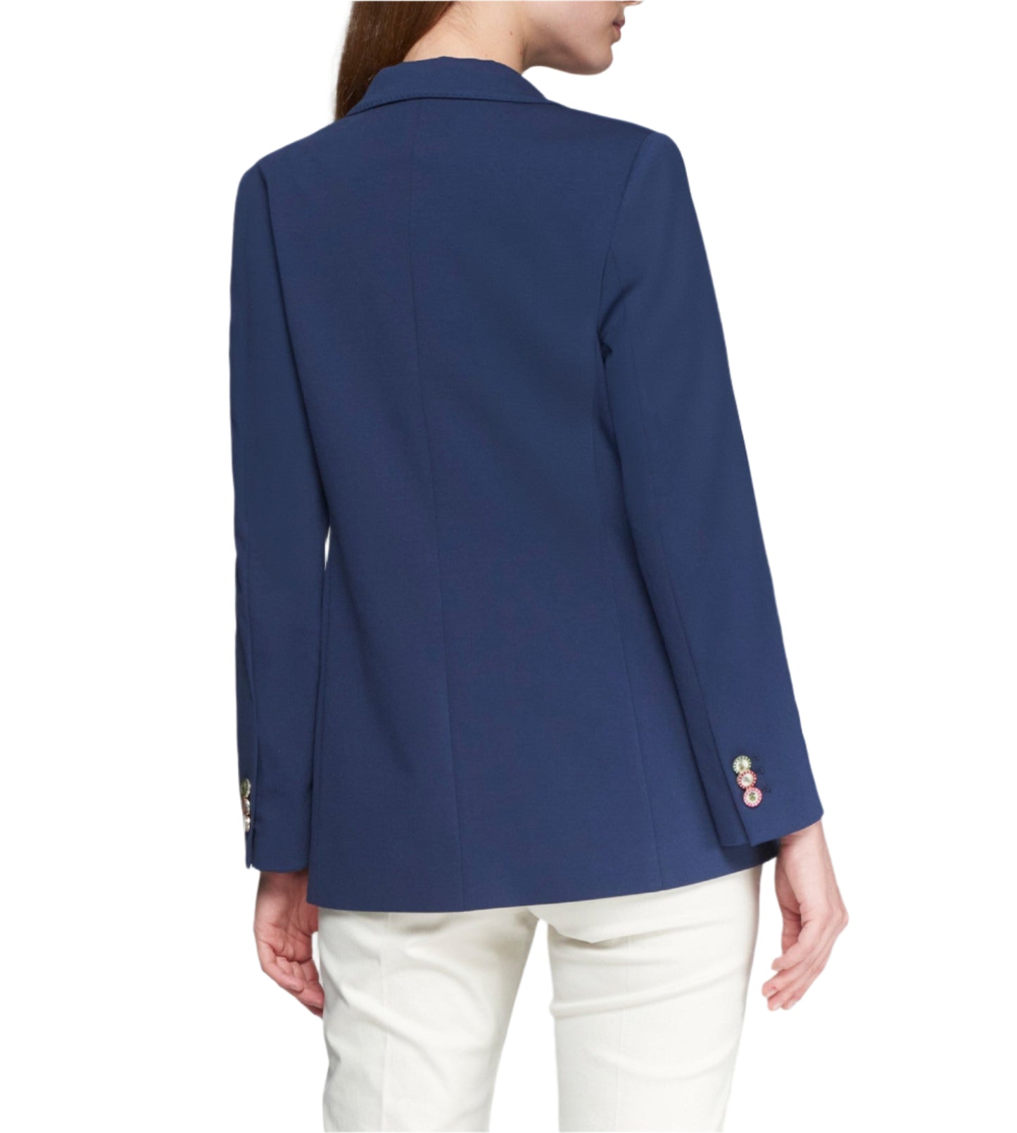 Navy blue blazer in stretch fabric. Front fastening with decorative flower button. Front patch pockets. Exclusive Vilagallo printed lining.