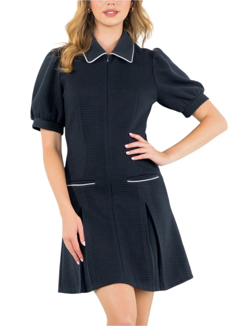 Short Sleeve Zip Up Textured Dress