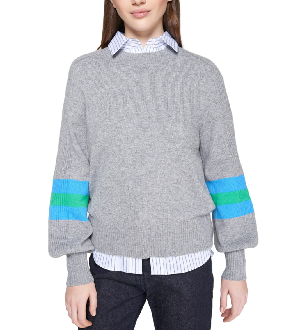 Grey knit sweater with a round neckline and straight cut. Balloon sleeves with ribbed texture along the top and finished with fitted cuffs. Each sleeve is detailed with green and blue horizontal stripes. Ribbed hem. Structured wool-blend knit.
