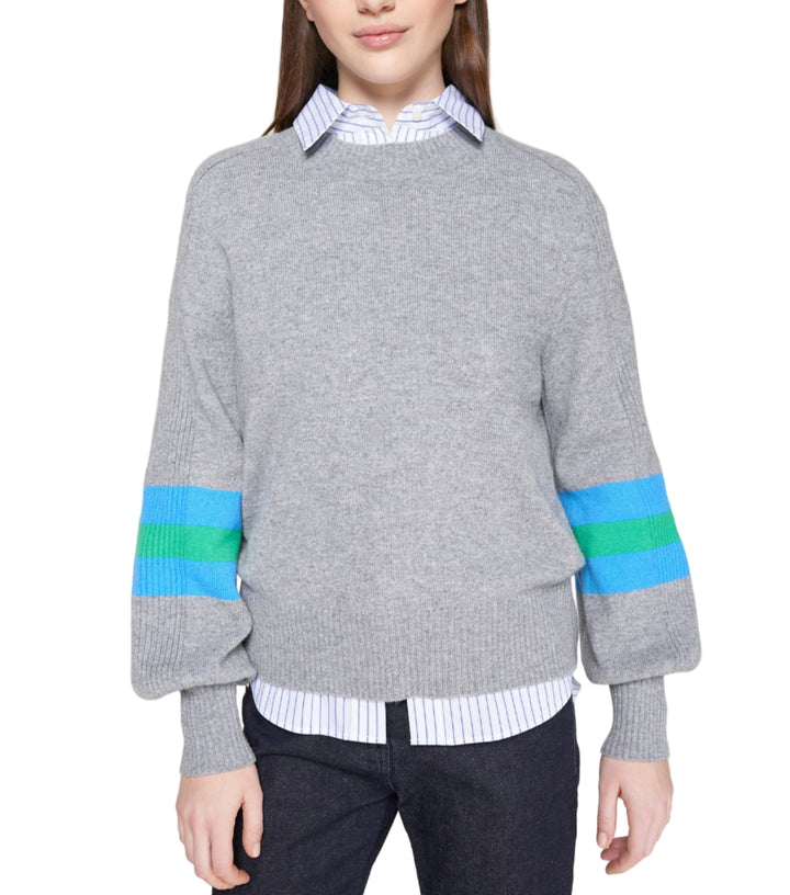 Grey knit sweater with a round neckline and straight cut. Balloon sleeves with ribbed texture along the top and finished with fitted cuffs. Each sleeve is detailed with green and blue horizontal stripes. Ribbed hem. Structured wool-blend knit.
