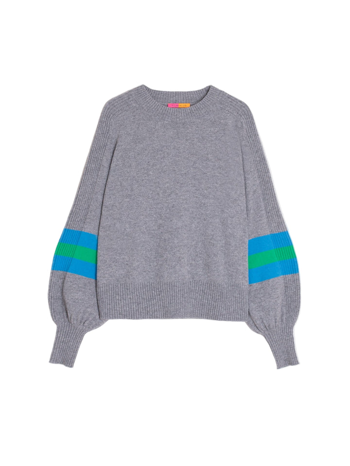 Grey knit sweater with a round neckline and straight cut. Balloon sleeves with ribbed texture along the top and finished with fitted cuffs. Each sleeve is detailed with green and blue horizontal stripes. Ribbed hem. Structured wool-blend knit.
