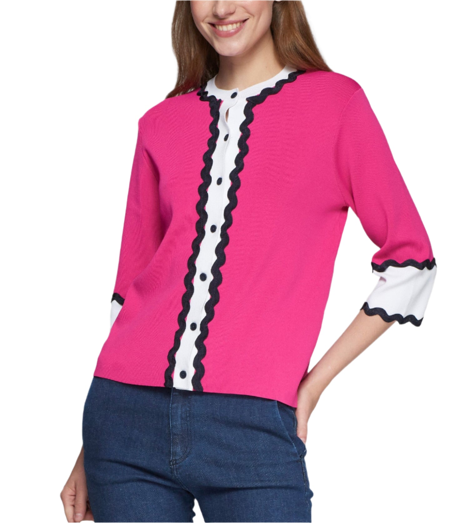 Cardigan with white contrasts and blue-pink and navy blue onduline details. Front button fastening. Round neck.&nbsp;