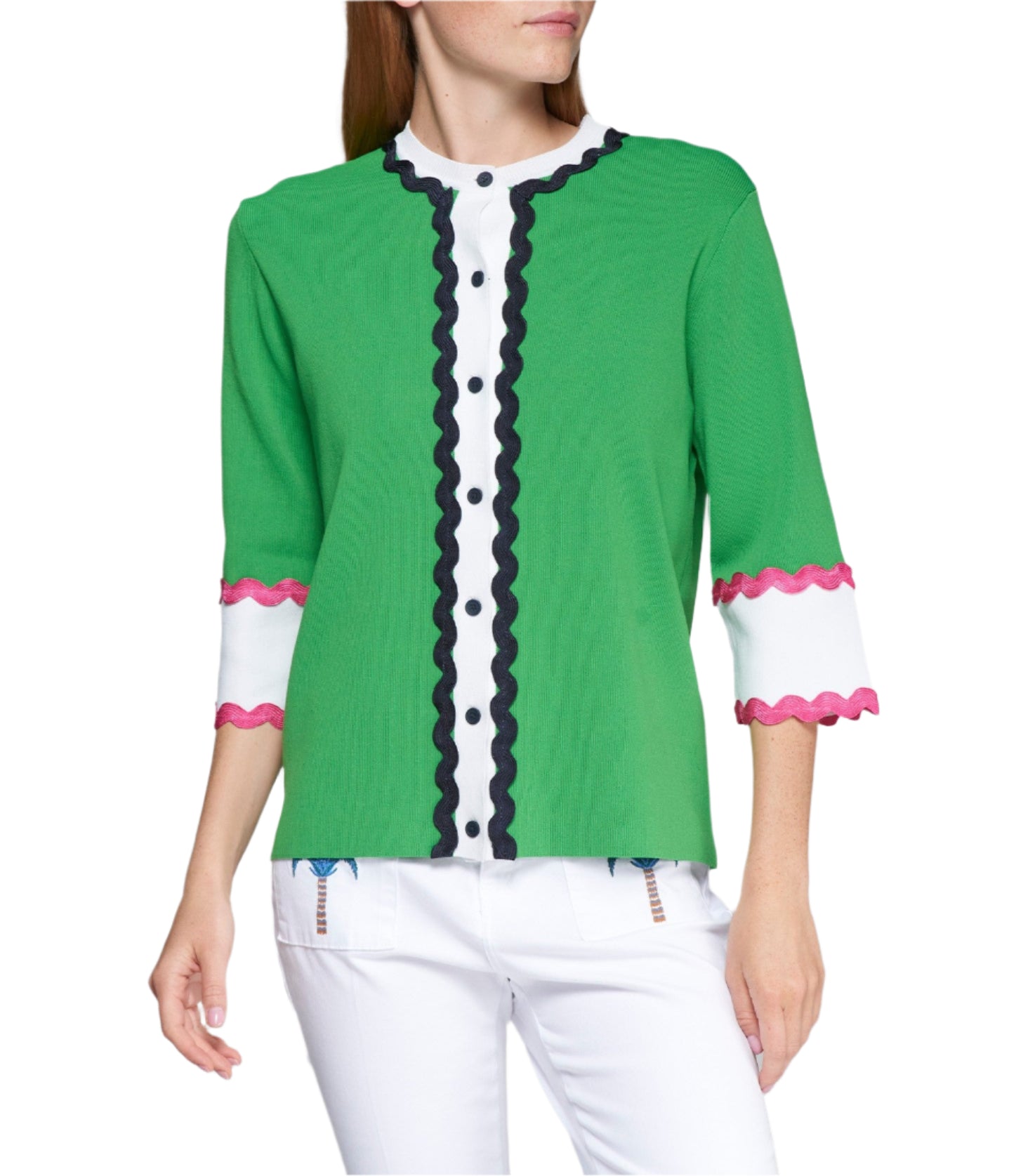 Cardigan with white contrasts and blue-pink and navy blue onduline details. Front button fastening. Round neck.&nbsp;