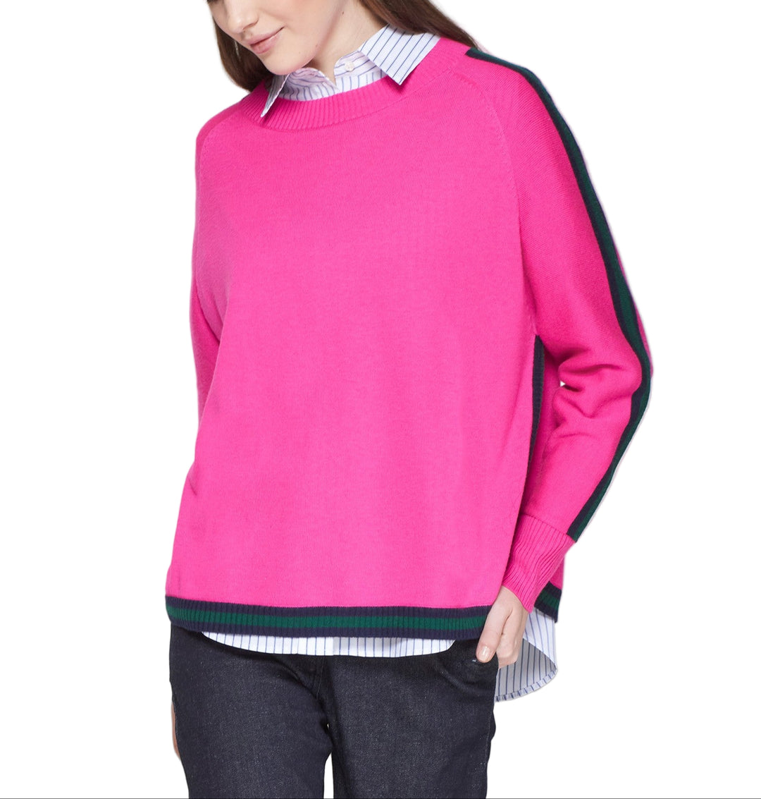 Pink knit sweater in a soft wool blend. Straight fit with dropped shoulders and contrasting navy trim on cuffs and hem. Rounded hem with side slits and ribbed finish throughout. Slightly structured feel, suitable for layering during the fall-winter season.