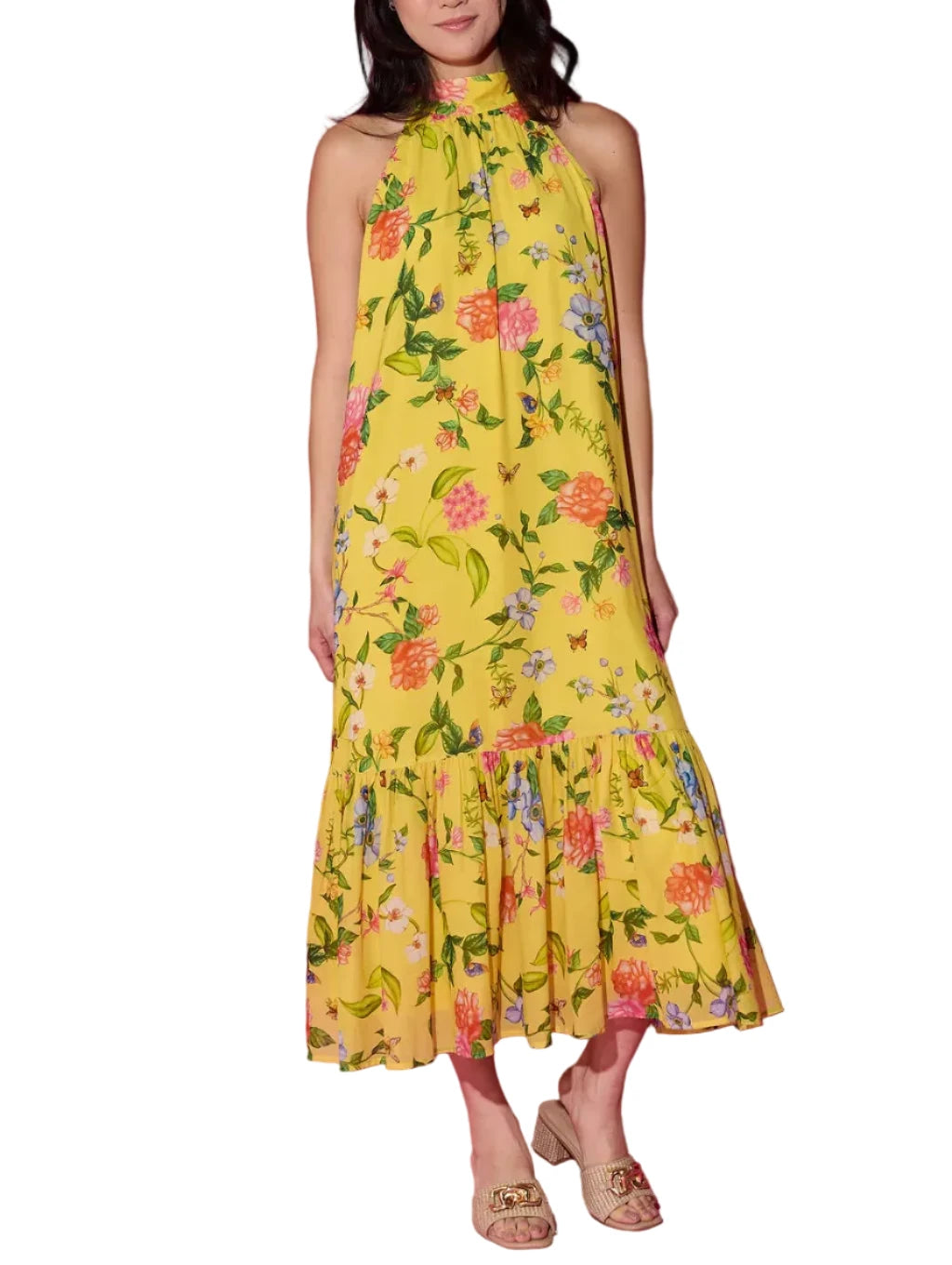 Light, airy, and effortlessly feminine, the Perry Dress features a vibrant floral print and a flattering halter neckline that moves beautifully with every step. The flowy silhouette offers all-day comfort while creating an elegant, easygoing look perfect for vacations, weddings, or warm-weather events.&nbsp;

Fabric Content: 100% Polyester
Fabric: Poly Charmeuse
Machine wash cold. Tumble dry low.