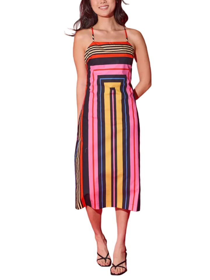 urn heads in this bold and vibrant midi dress designed to make a statement. Featuring an eye-catching geometric stripe print in saturated shades of pink, red, gold, and black, this sleek silhouette brings playful energy to a polished shape. The slim straps and straight neckline create a modern, flattering fit that feels effortlessly elevated.

Perfect for summer parties, vacation dinners, rooftop cocktails, and every occasion that calls for standout style.

Fabric Content: 100% Cotton
Fabric: Cotton Poplin

