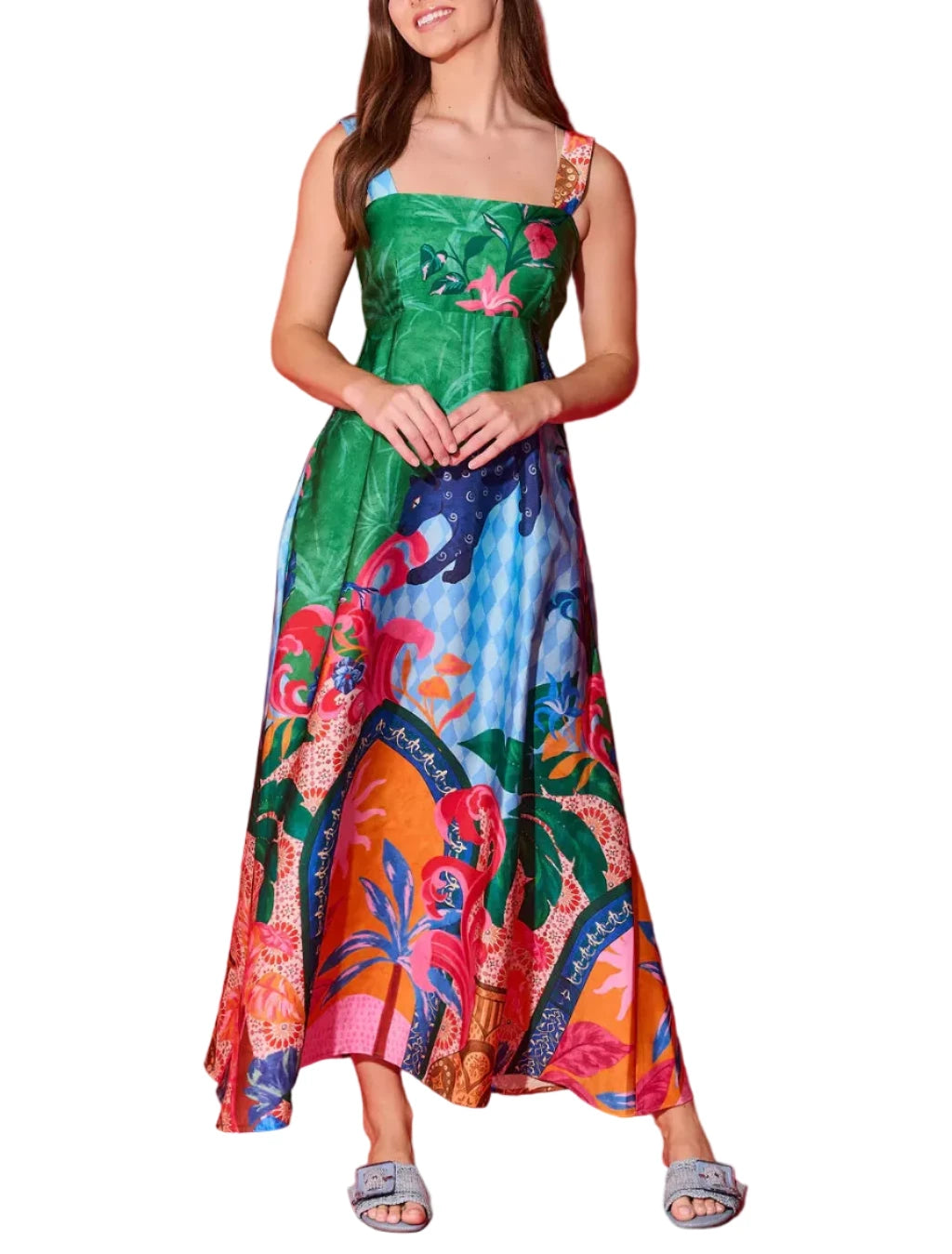 The Maria Dress in Marrakech print is a timeless piece designed for effortless elegance. This dress features a flattering square neckline and a graceful tiered skirt that moves beautifully with you. Perfect for warm-weather occasions, from casual outings to special events. 

Fabric Content: 100% Polyester
Fabric: Poly Charmeuse
Machine wash cold, tumble dry low
