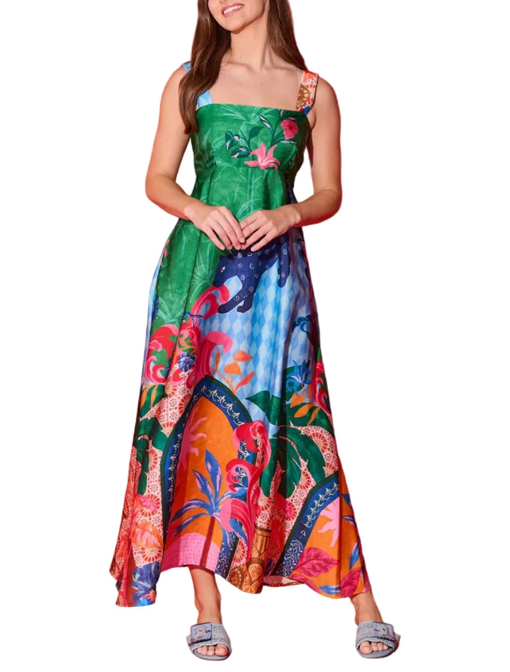 The Maria Dress in Marrakech print is a timeless piece designed for effortless elegance. This dress features a flattering square neckline and a graceful tiered skirt that moves beautifully with you. Perfect for warm-weather occasions, from casual outings to special events. 

Fabric Content: 100% Polyester
Fabric: Poly Charmeuse
Machine wash cold, tumble dry low