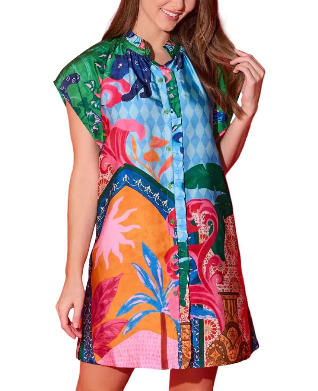 The Margot Dress is a delightful blend of classic charm and modern flair. This short A-line dress features a button-front design, short sleeves and a playful ruffled collar. This dress offers a feminine and flattering silhouette, perfect for casual days or a chic evening look.

Variation in print placement may occur.&nbsp;&nbsp;

Fabric Content: 98% Cotton, 2% Spandex
Fabric: Cotton Sateen
Machine wash cold. Tumble dry low.