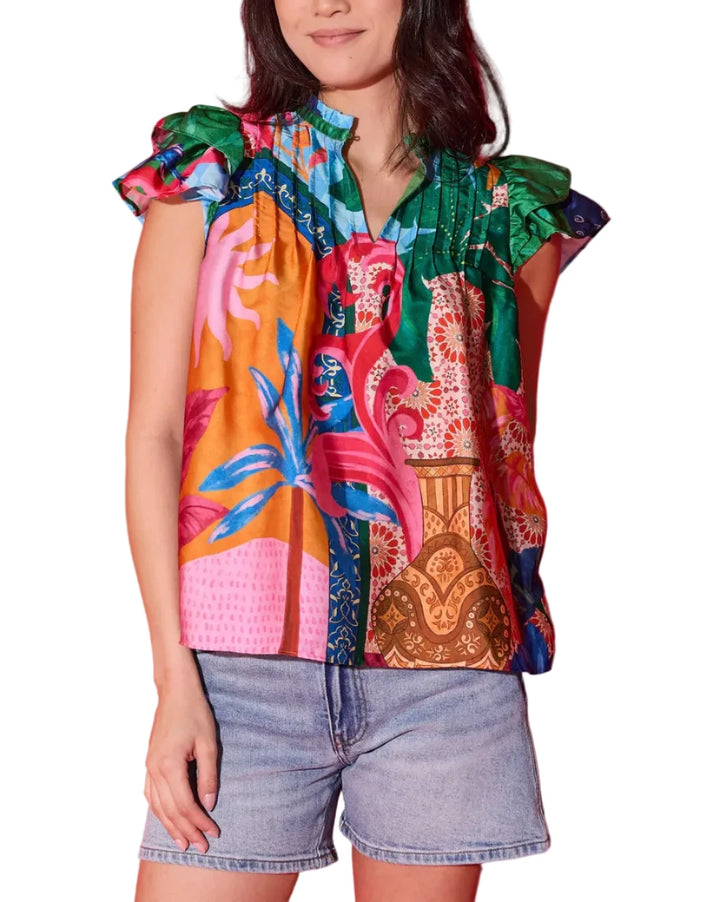 The Mattie Top is your new grab and go top in our Marrackech print! The top features a short flutter sleeve, a v-neck line and pleats across the chest.
Variations in print placement may occur.  
Fabric Content: 100% Cotton
Fabric: Cotton Voile
Machine wash cold. Lay Flat to Dry. Do not dry clean.