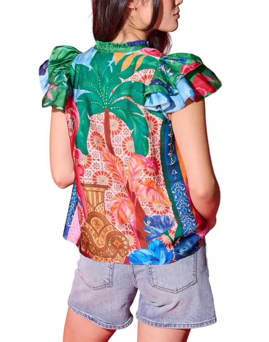 The Mattie Top is your new grab and go top in our Marrackech print! The top features a short flutter sleeve, a v-neck line and pleats across the chest.
Variations in print placement may occur.  
Fabric Content: 100% Cotton
Fabric: Cotton Voile
Machine wash cold. Lay Flat to Dry. Do not dry clean.