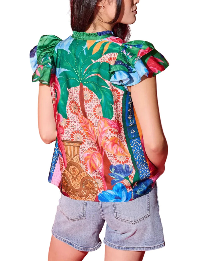 The Mattie Top is your new grab and go top in our Marrackech print! The top features a short flutter sleeve, a v-neck line and pleats across the chest.
Variations in print placement may occur.  
Fabric Content: 100% Cotton
Fabric: Cotton Voile
Machine wash cold. Lay Flat to Dry. Do not dry clean.