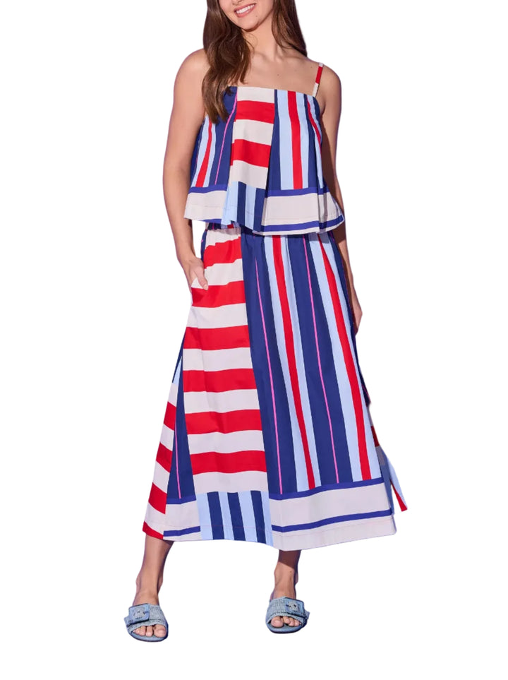The Danny Skirt is a bold, graphic statement piece that pairs perfectly with the Reed Top for a head-turning coordinated look. The same eye-catching mix of navy, red, cream, and sky blue stripes — with a signature pink accent — comes together in a full, sweeping midi silhouette with an easy elasticated waist. A color-blocked border hem adds a polished, intentional finish to this effortlessly cool skirt.

Fabric Content: 100% Cotton
Fabric: Cotton Poplin
Machine wash cold. Tumble dry low.
