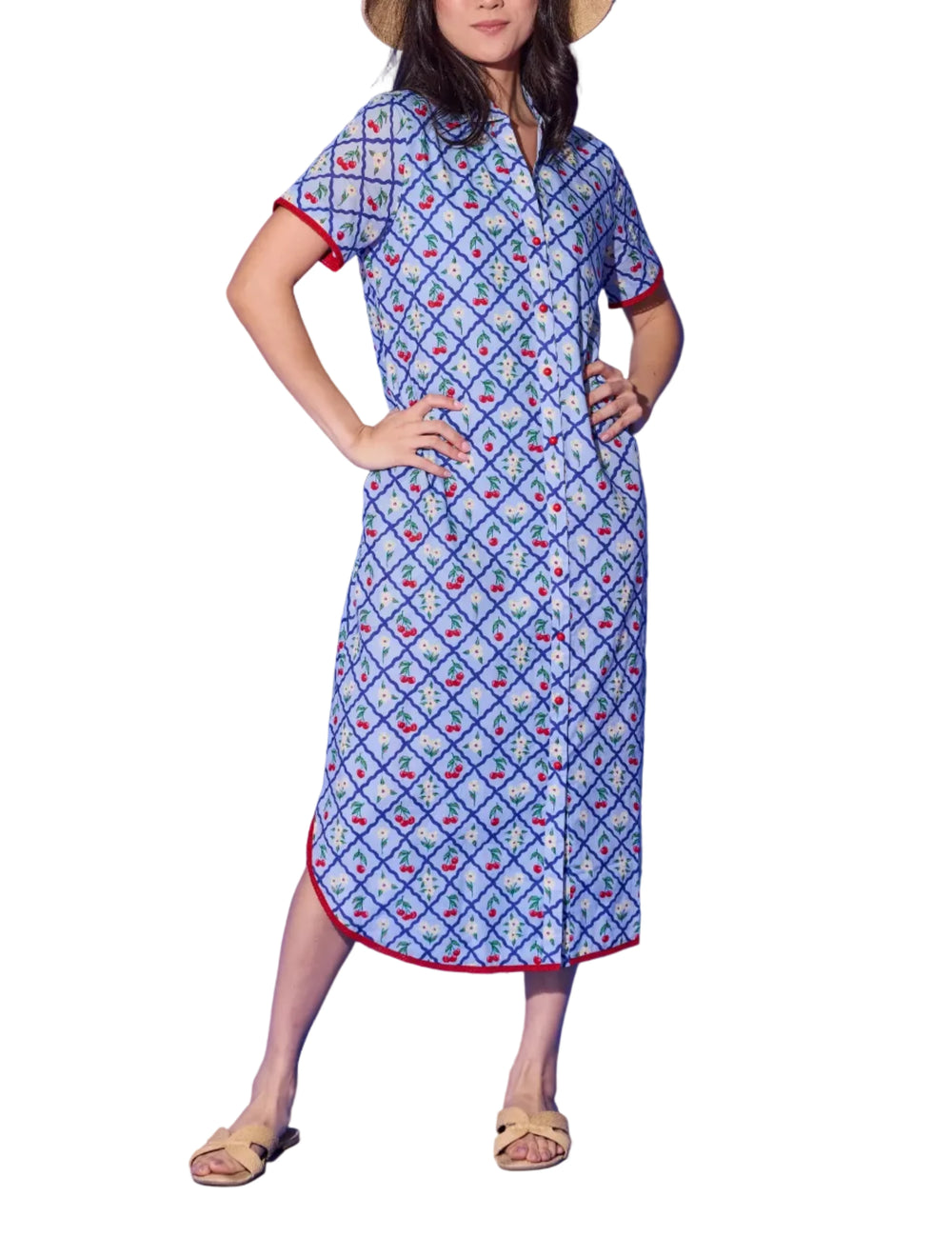 The Josie Dress brings the same irresistible cherry and floral lattice print to a relaxed midi length that's equal parts playful and polished. Red contrast trim at the cuffs and hem ties the look together with a sweet, intentional finish, while the easy button-front and short sleeves make it effortlessly wearable from morning to evening.

A dress that takes you from a seaside lunch to a sunset stroll without missing a beat.

Fabric Content: 100% Cotton
Fabric: Cotton Voile
Machine wash cold. Tumble dry low.