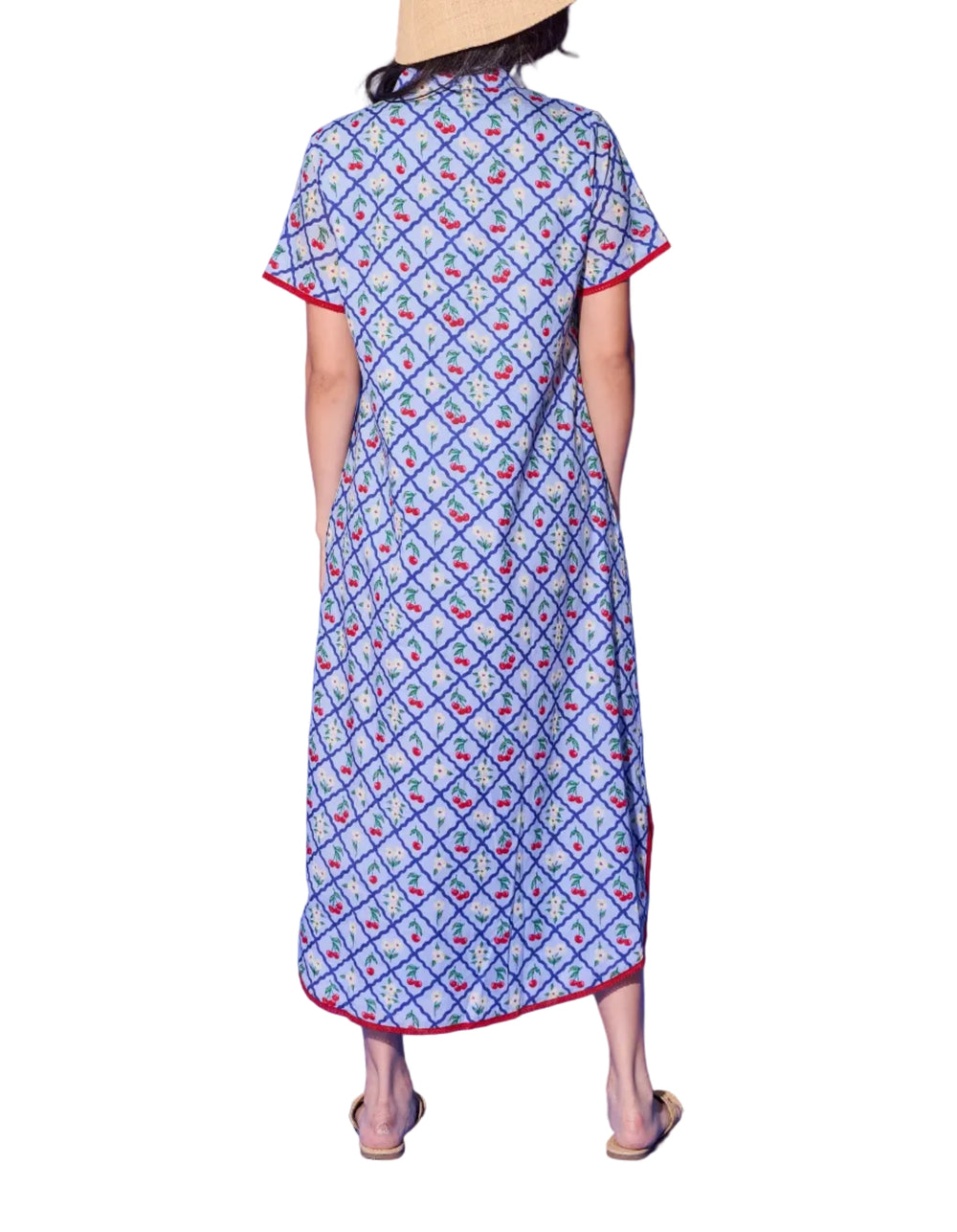 The Josie Dress brings the same irresistible cherry and floral lattice print to a relaxed midi length that's equal parts playful and polished. Red contrast trim at the cuffs and hem ties the look together with a sweet, intentional finish, while the easy button-front and short sleeves make it effortlessly wearable from morning to evening.

A dress that takes you from a seaside lunch to a sunset stroll without missing a beat.

Fabric Content: 100% Cotton
Fabric: Cotton Voile
Machine wash cold. Tumble dry low.