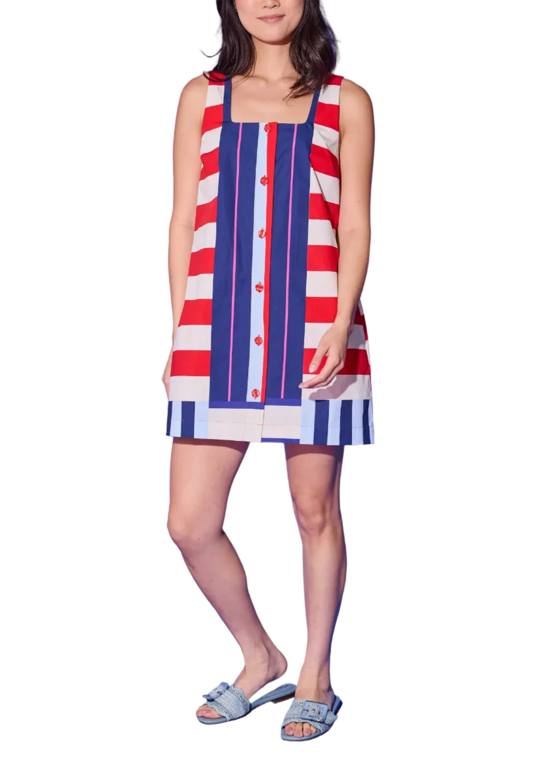 The Bryson Dress takes the same bold stripe mix to a sleeveless silhouette that&