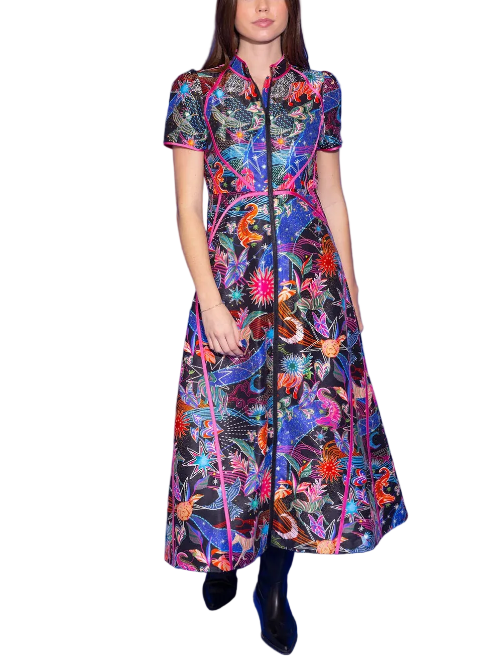 The Zelle Dress in Galactica is an out-of-this-world showstopper. A mesmerizing cosmic print bursts across a dramatic black ground with swirling galaxies, shooting stars, celestial creatures, and sunbursts in vivid shades of hot pink, teal, orange, and electric blue — bold, fantastical, and completely unforgettable. A mandarin collar, zip-front closure, short sleeves, and striking hot pink contrast piping give this sweeping A-line maxi a polished, fashion-forward finish that&