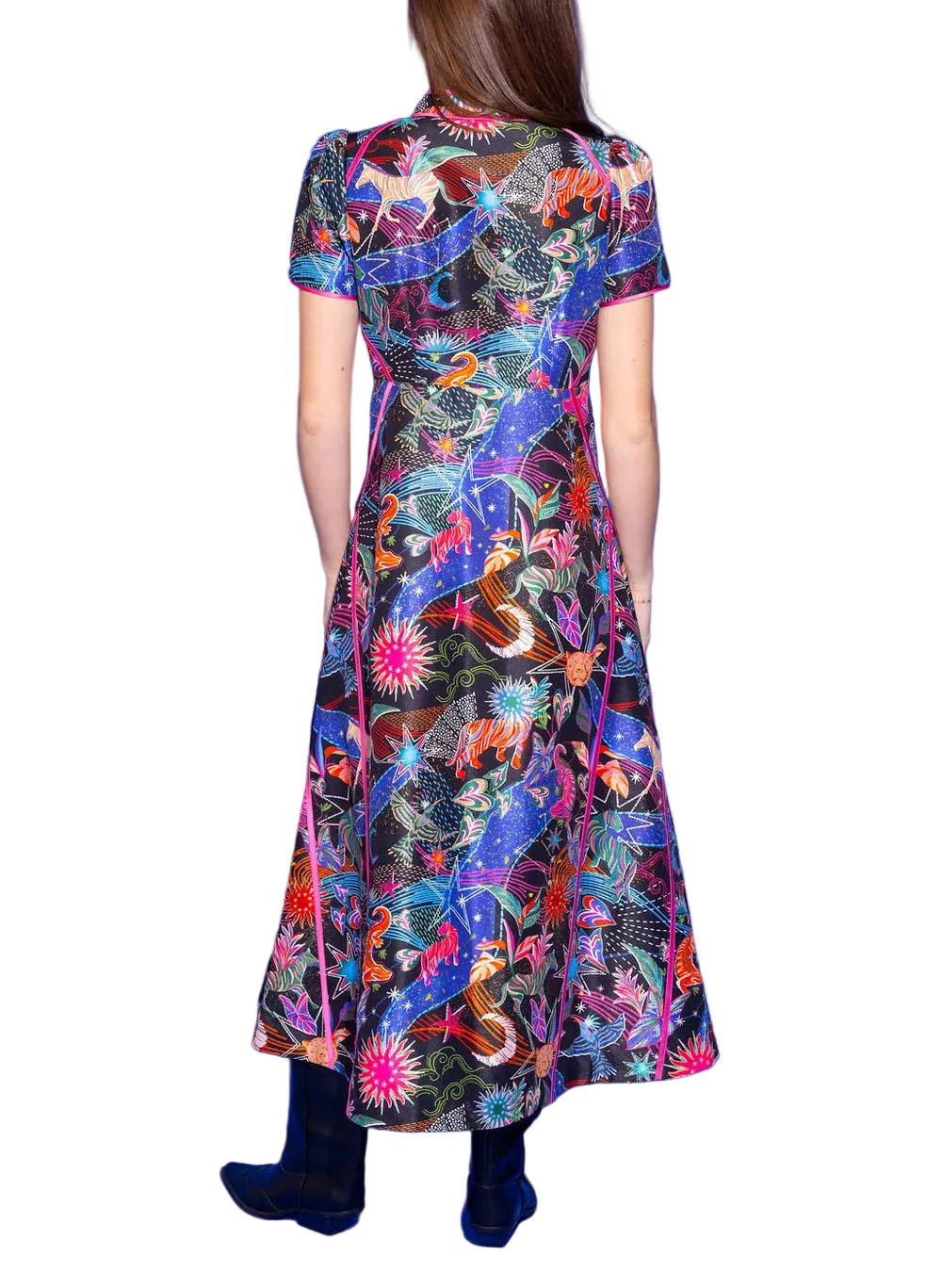 The Zelle Dress in Galactica is an out-of-this-world showstopper. A mesmerizing cosmic print bursts across a dramatic black ground with swirling galaxies, shooting stars, celestial creatures, and sunbursts in vivid shades of hot pink, teal, orange, and electric blue — bold, fantastical, and completely unforgettable. A mandarin collar, zip-front closure, short sleeves, and striking hot pink contrast piping give this sweeping A-line maxi a polished, fashion-forward finish that&