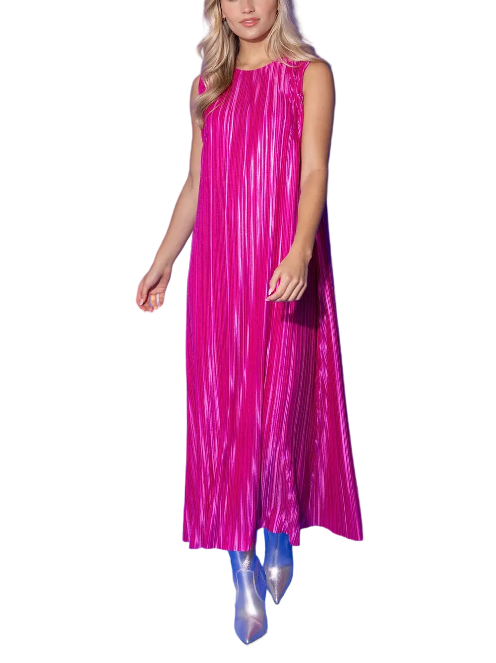 The Arya Dress in Wild Pink is pure, unapologetic glamour. A vibrant hot pink pleated fabric shimmers and moves with every step, catching the light in the most effortlessly dazzling way. A simple crew neckline and sleeveless silhouette let the stunning color and luminous texture do all the talking in this breathtaking maxi.