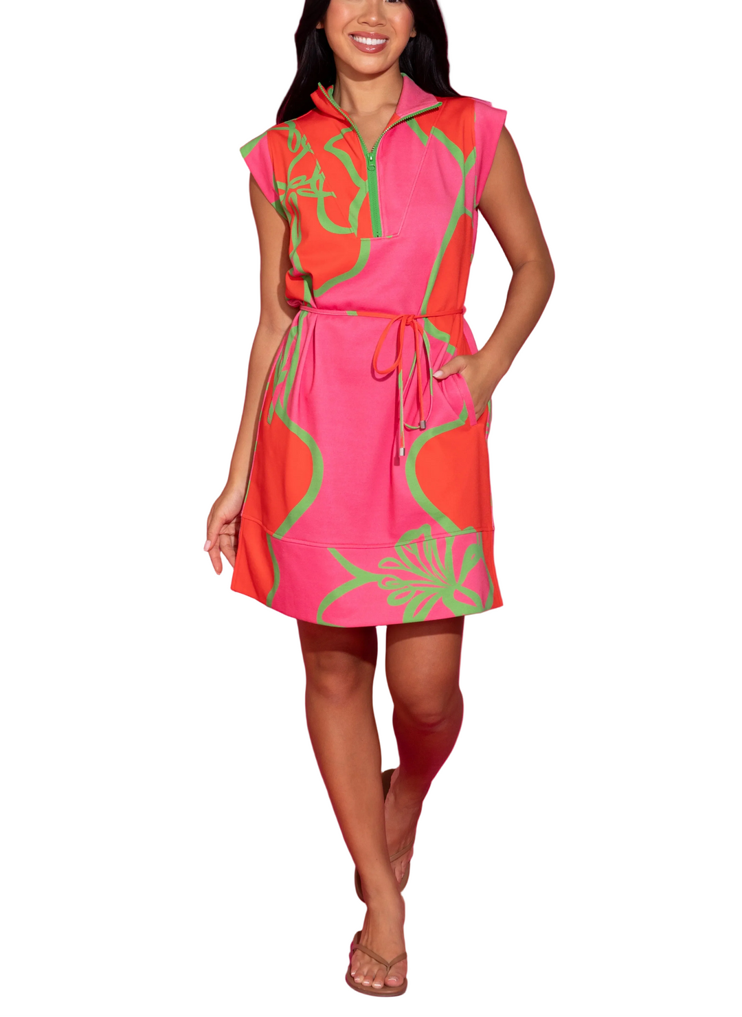 We can't get enough of our best-selling silhouette, Leigh Dress! The Leigh is back in our print, Fuschia Outline! With the french terry fabric, tie waist, and zipper v-neck feature, you'll be the comfiest (and of course, cutest) in the room!

Fabric Content: 79% Cotton, 21% Polyester
Fabric: French Terry
Machine wash cold. Tumble dry low.