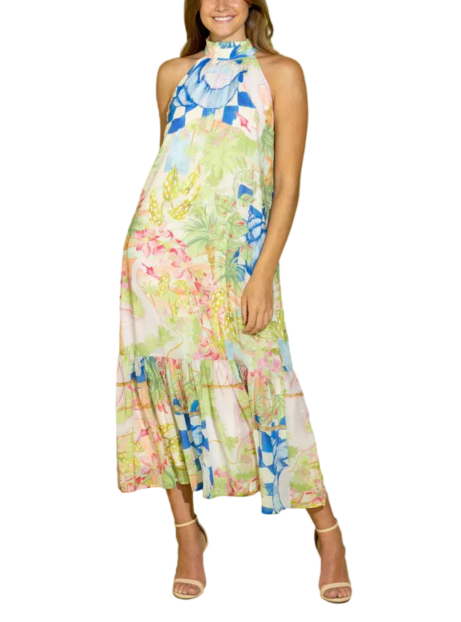 Light, airy, and effortlessly feminine, the Perry Dress features a vibrant floral print and a flattering halter neckline that moves beautifully with every step. The flowy silhouette offers all-day comfort while creating an elegant, easygoing look perfect for vacations, weddings, or warm-weather events. 