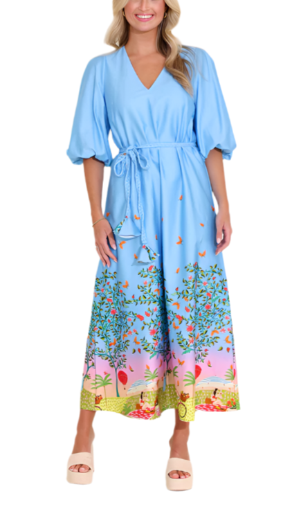Introducing the Lizzie Dress! In our stunning promenade color way, this dress offers a v neckline, puff sleeves, a braided tassel belt and maxi skirt.

Fabric Content: 98% Cotton, 2% Spandex
Fabric: Cotton Sateen
Machine wash cold. Tumble dry low.
Model is wearing a size Small
