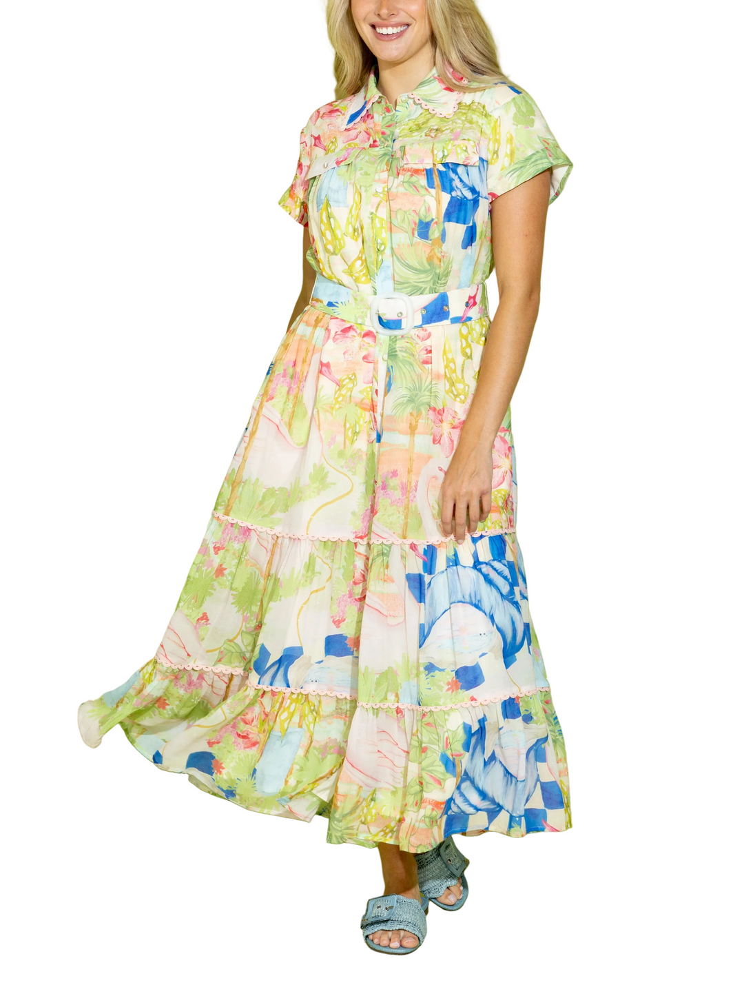 The Rachel Dress is perfect for any occasion, offering a modest yet chic look that will leave you feeling confident, comfortable, and fabulous! The Rachel is a short sleeve button down dress with a matching adjustable belt and tiered skirt.