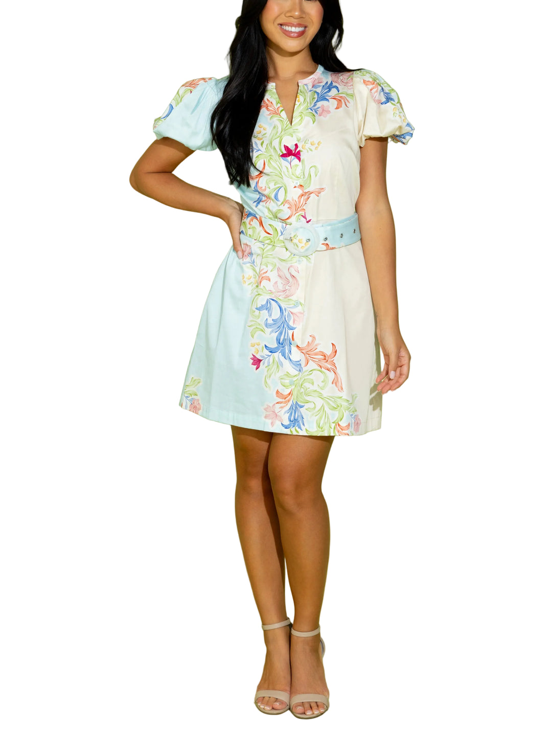 The Blakely Dress is exactly what your spring wardrobe is missing! In our new Dreamscape print, the Blakely offers a cinched waist with a matching belt, button front and puff sleeves--perfect for brunch or your next event!