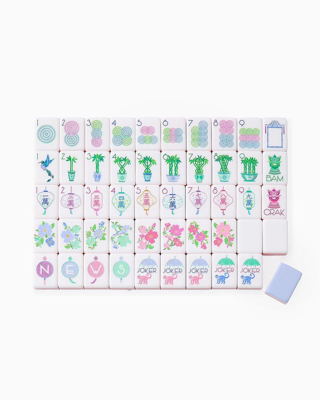 Soft, feminine, and timelessly elegant, the Luminaire Tiles bring a delicate beauty to your mahjong game. With an airy blend of coral and soft pink, these tiles exude grace and sophistication, while the periwinkle backing adds a dreamy touch of serenity. Designed for those who appreciate refined details and effortless charm, the Luminaire Tiles make every game feel like a breath of fresh air. 

What's included: Tiles, a Dice/Coin Bag, and 4 Instructional Cards (you must purchase the NMJL Playing Card separa