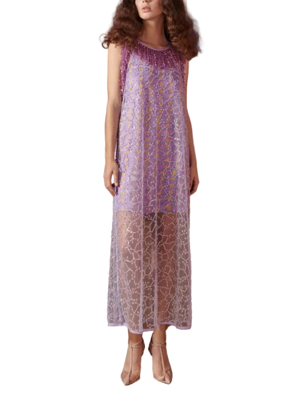 Float into the night in the ethereal Lunaria Dress. This sleeveless sheer midi dress is embellished with shimmering beads and sequins, layered over a pastel lilac base with whimsical floral motifs. Its delicate transparency creates a dreamlike silhouette — perfect for elegant soirées, weddings, or special events where you want to sparkle subtly, yet undeniably.

