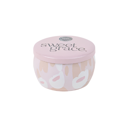 Take Sweet Grace everywhere you go with our Sweet Grace Collection #059 candle, featuring a tin, travel-sized container with a playful pattern and a soft palette of blush, grey, and white. Every Bridgewater candle is meticulously crafted with a proprietary soy-blend wax formulation that ensures a clean, even burn and an exceptional scent.
