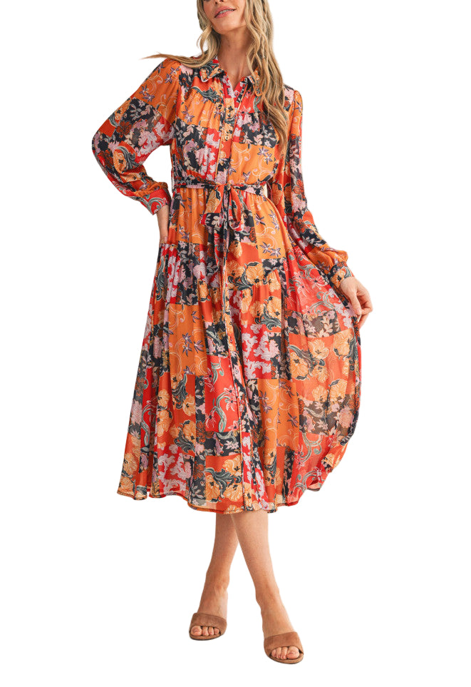 *&merci exclusive print!* Head out for the day looking boho-chic in this patchwork print belted midi dress! Lightweight fabric, in an exclusive patchwork print throughout, shapes this fall-ready dress with a collared neckline and long puff sleeves with buttoned cuffs. A full button placket travels down the entire length of the A-line skirt that ends at a chic midi hem. A tying sash waist weaves through belt loops to complete the look. Pair with boots and a wide brimmed hat for a boho-chic look!
