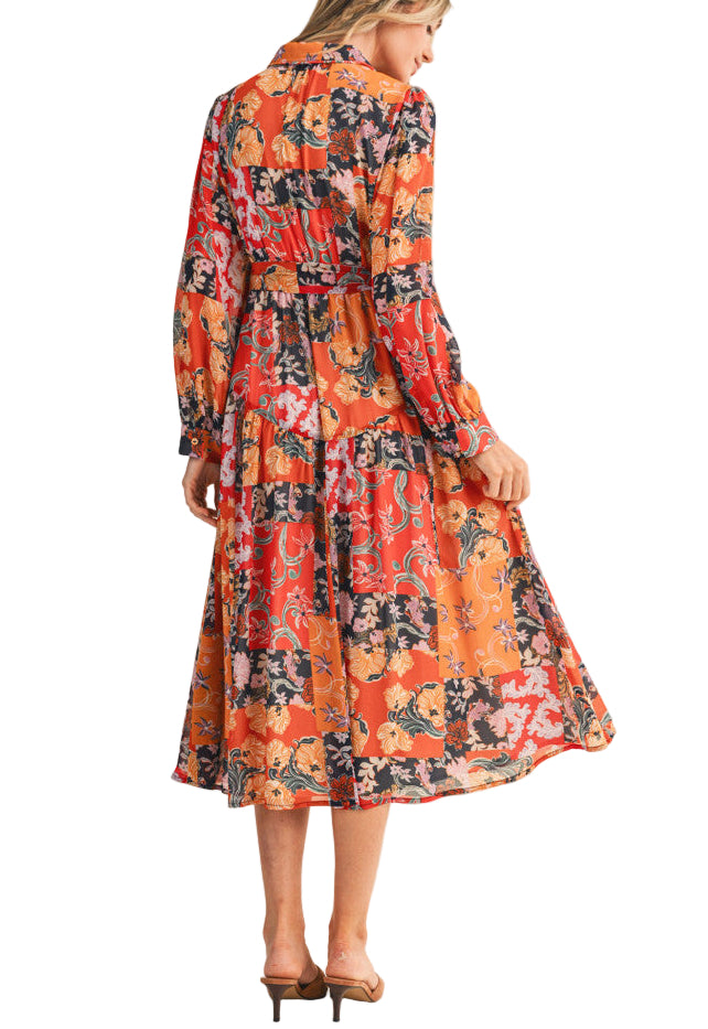 *&merci exclusive print!* Head out for the day looking boho-chic in this patchwork print belted midi dress! Lightweight fabric, in an exclusive patchwork print throughout, shapes this fall-ready dress with a collared neckline and long puff sleeves with buttoned cuffs. A full button placket travels down the entire length of the A-line skirt that ends at a chic midi hem. A tying sash waist weaves through belt loops to complete the look. Pair with boots and a wide brimmed hat for a boho-chic look!
