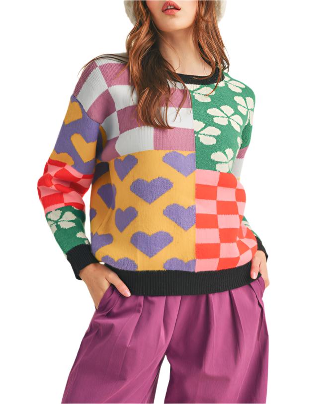 This multi-pattern patch sweater is the trendy upgrade your collection needs! Cozy knit shapes this flattering and playful sweater that has a round neckline and drop shoulder long sleeves. Patchwork of knit patterns add whimsy and charm to this oh-so-comfy sweater!