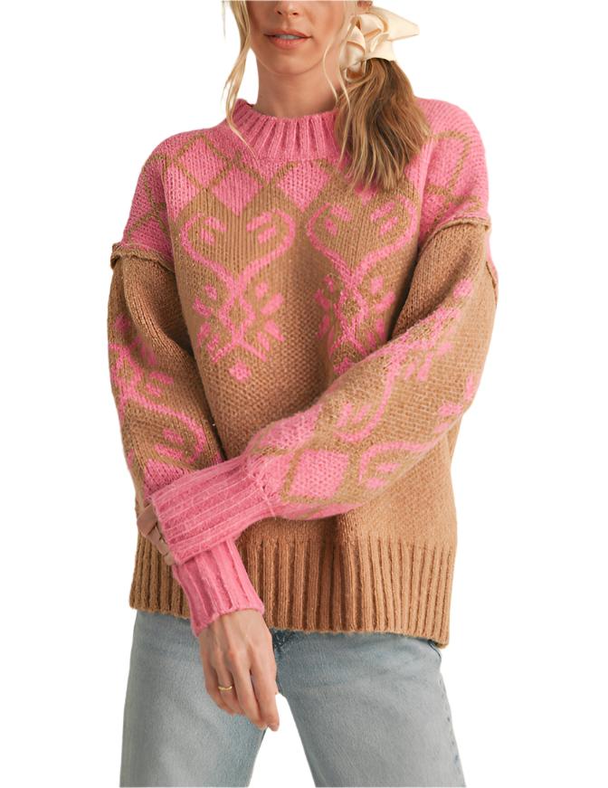 Cozy sweater knit shapes this essential pullover that has a ribbed crew neckline and roomy long sleeves with drop shoulders. The relaxed, oversized bodice features jacquard knit design and ends at a relaxed, waist-length fit.